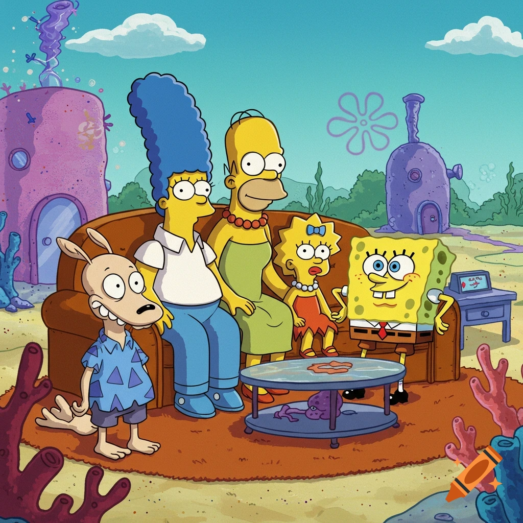 The Simpsons family, Rocko, and Spongebob sit on a couch in an underwater setting with cartoon houses.