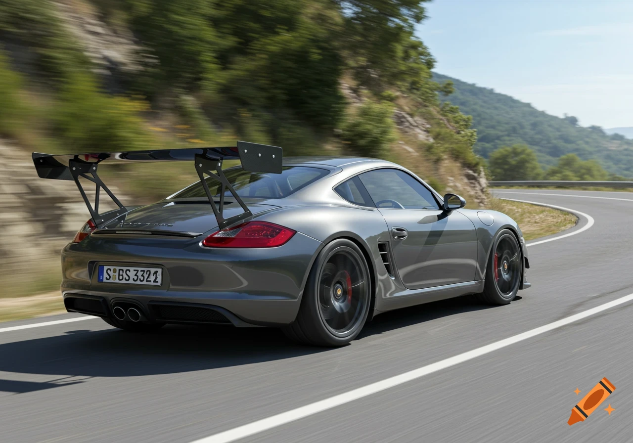 A gray Porsche Cayman with a large GT wing drives on a winding mountain road, with motion blur on the background and wheels.