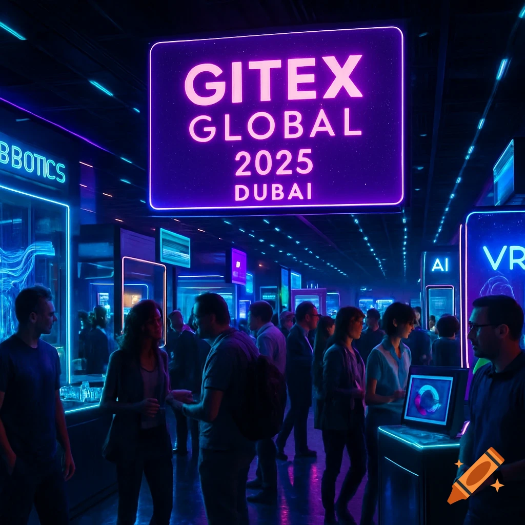 A crowded, bustling tech exhibition hall at night, illuminated by glowing neon signs and digital displays, featuring a large 'GITEX Global 2025 Dubai' sign.
