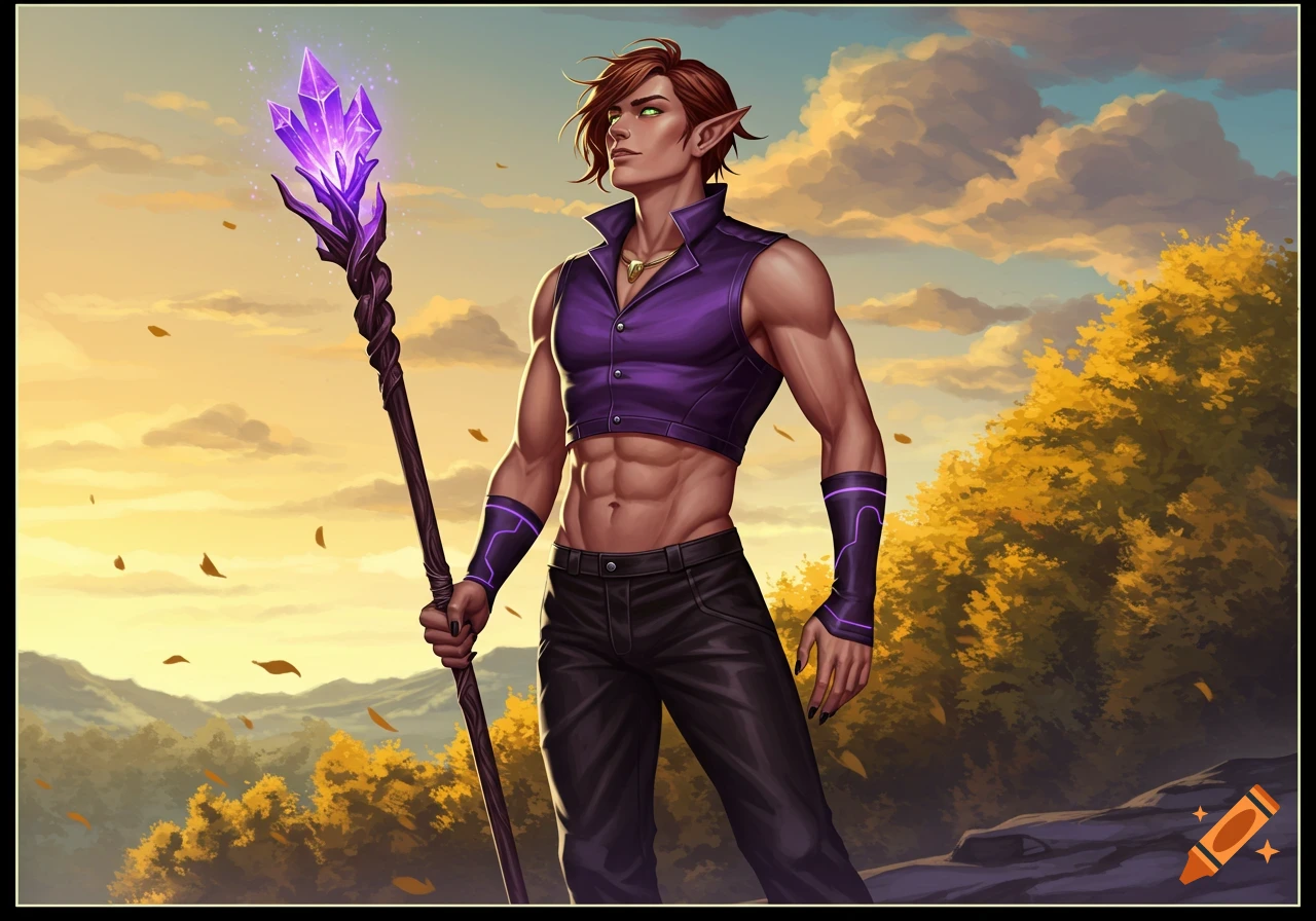 A male elf with red-brown hair and green eyes stands on a cliff at sunset, holding a glowing purple crystal staff, overlooking a golden forest.