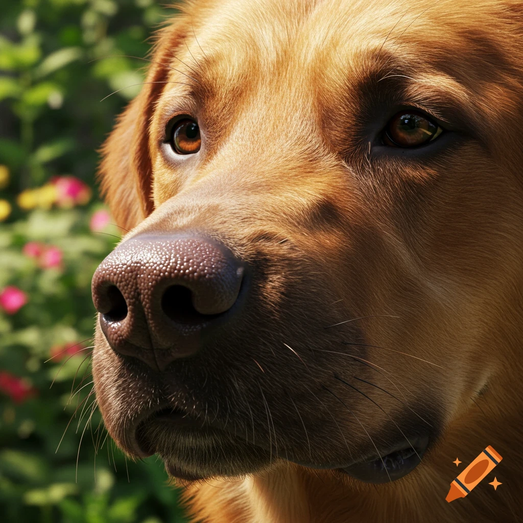 Close-up photorealistic portrait of a golden dog's muzzle and eyes, with a blurred green garden background.