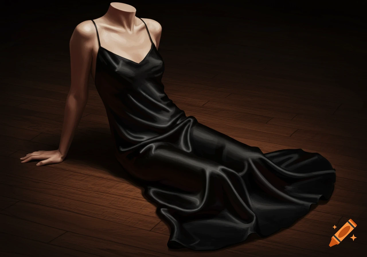A luxurious black silk slip dress pooling sensually on a dark wooden floor, worn by an invisible headless figure.