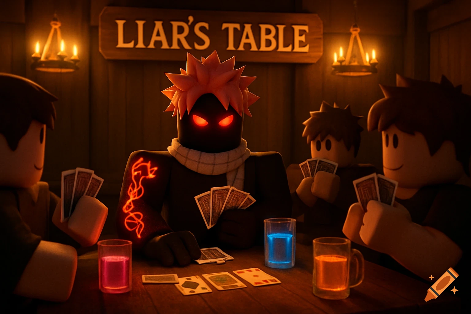 Roblox-style characters playing cards at a wooden table under a 'Liar's Table' sign in a dimly lit room.