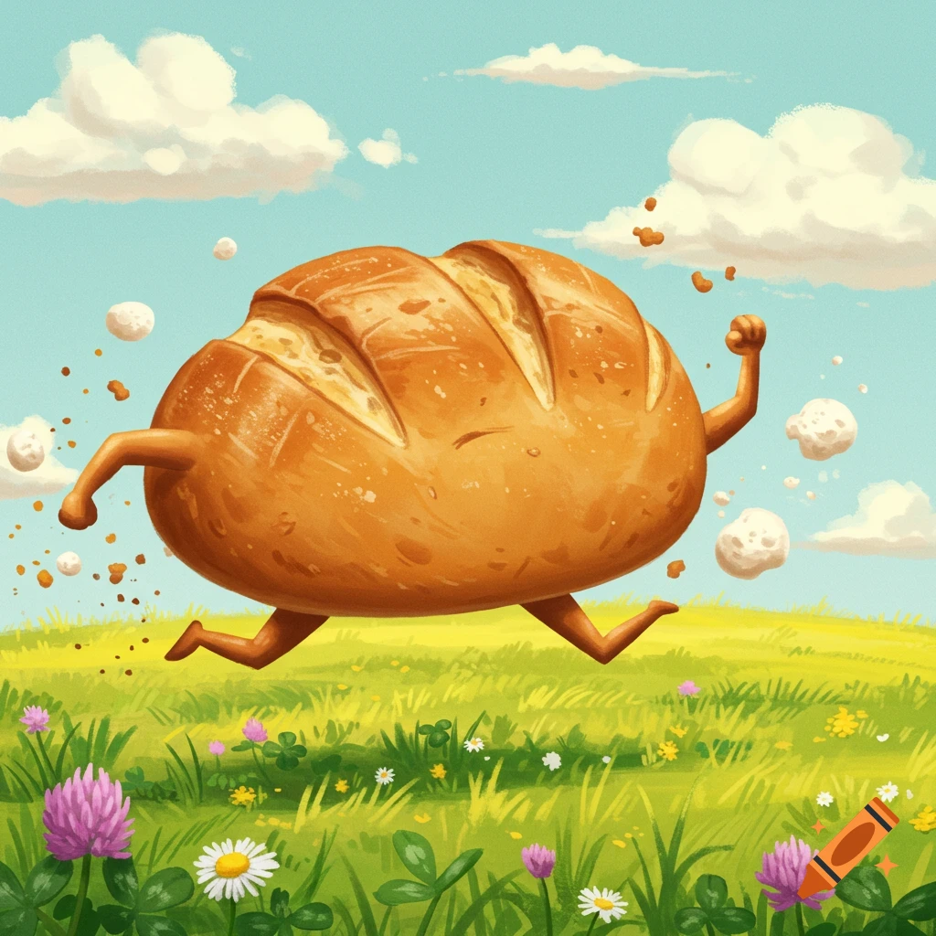 A cartoon loaf of bread with arms and legs runs through a green field under a blue sky.