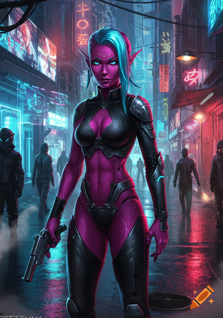 A female character with purple skin and blue hair, wearing a black armored suit, stands in a neon-lit cyberpunk city alley, holding a pistol.