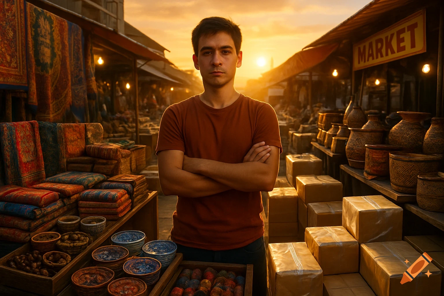 A young man with crossed arms stands in a bustling market at sunset, surrounded by textiles and pottery stalls.