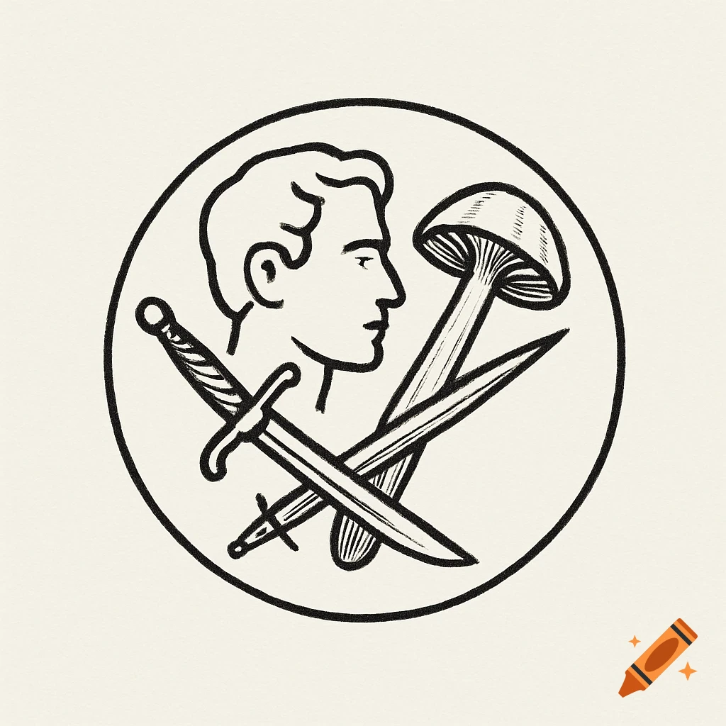 A simple black and white line art logo within a circle, featuring a man's profile, a sword, and a mushroom.