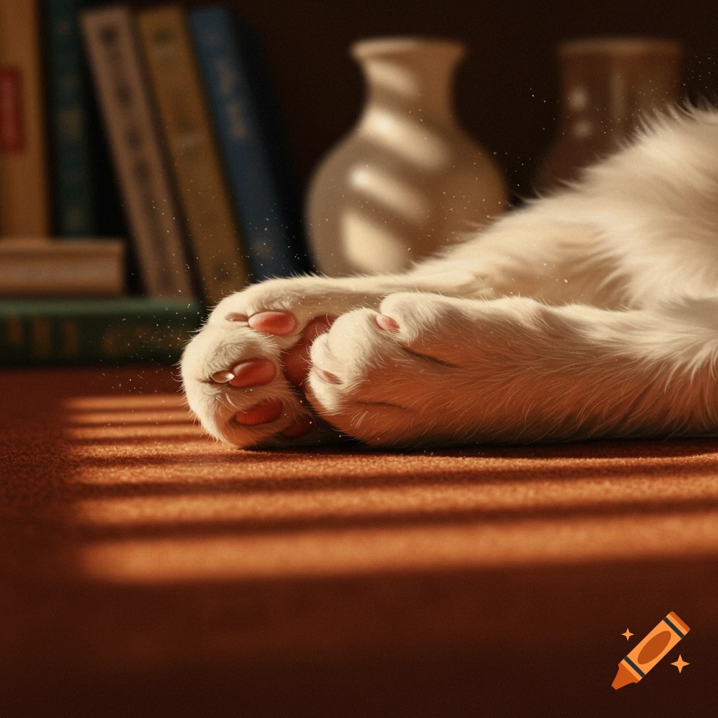 Fluffy white cat paws with pink toe beans resting on a sun-dappled orange carpet, with blurred books in the background.