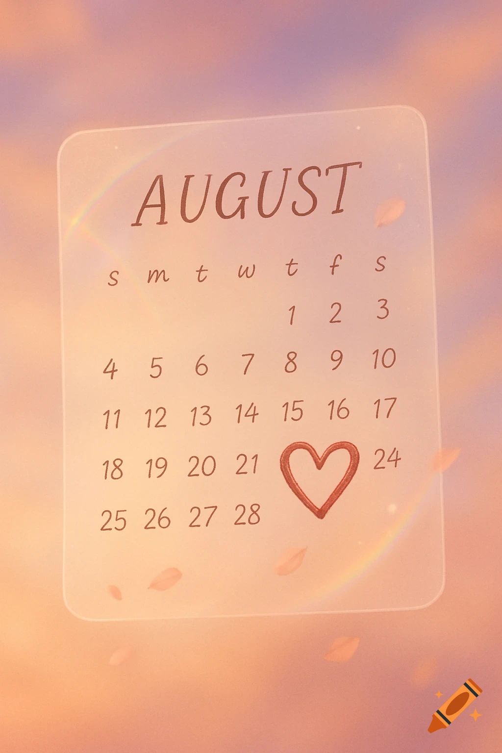 A transparent August calendar with dates and a heart on the 22nd, floating against a dreamy pink and orange sky with subtle rainbows and falling petals.