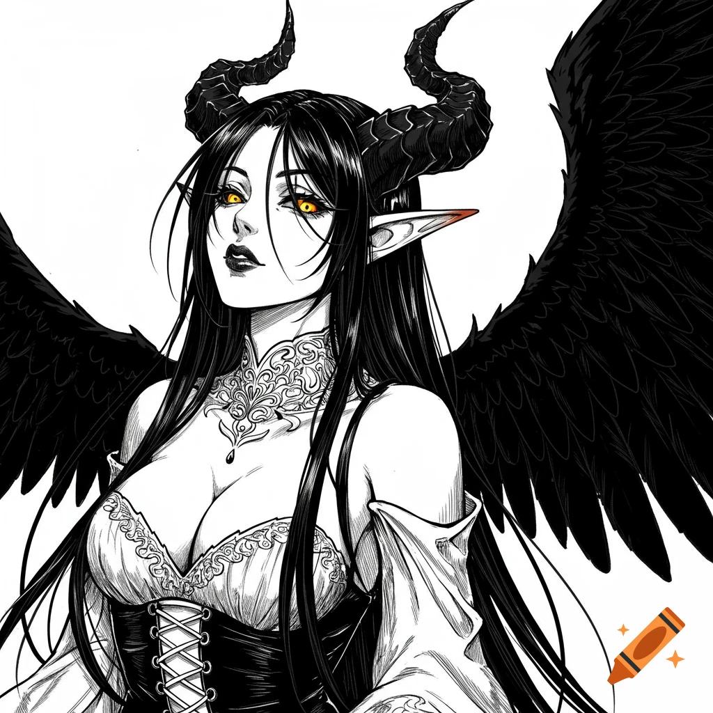 Black and white anime-style drawing of a demon elf woman with long black hair, horns, pointed ears, yellow eyes, and large black wings.