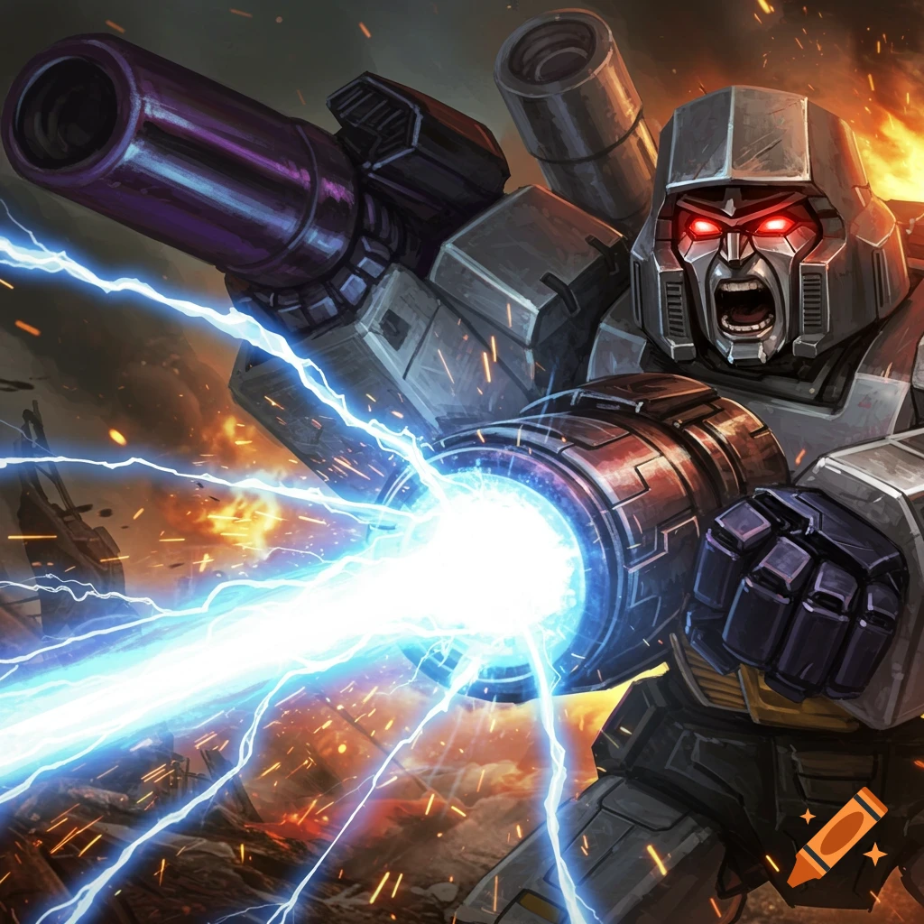 Megatron, a grey robot, yells while firing a blue energy beam from his cannon amidst a fiery battle in a comic book style.