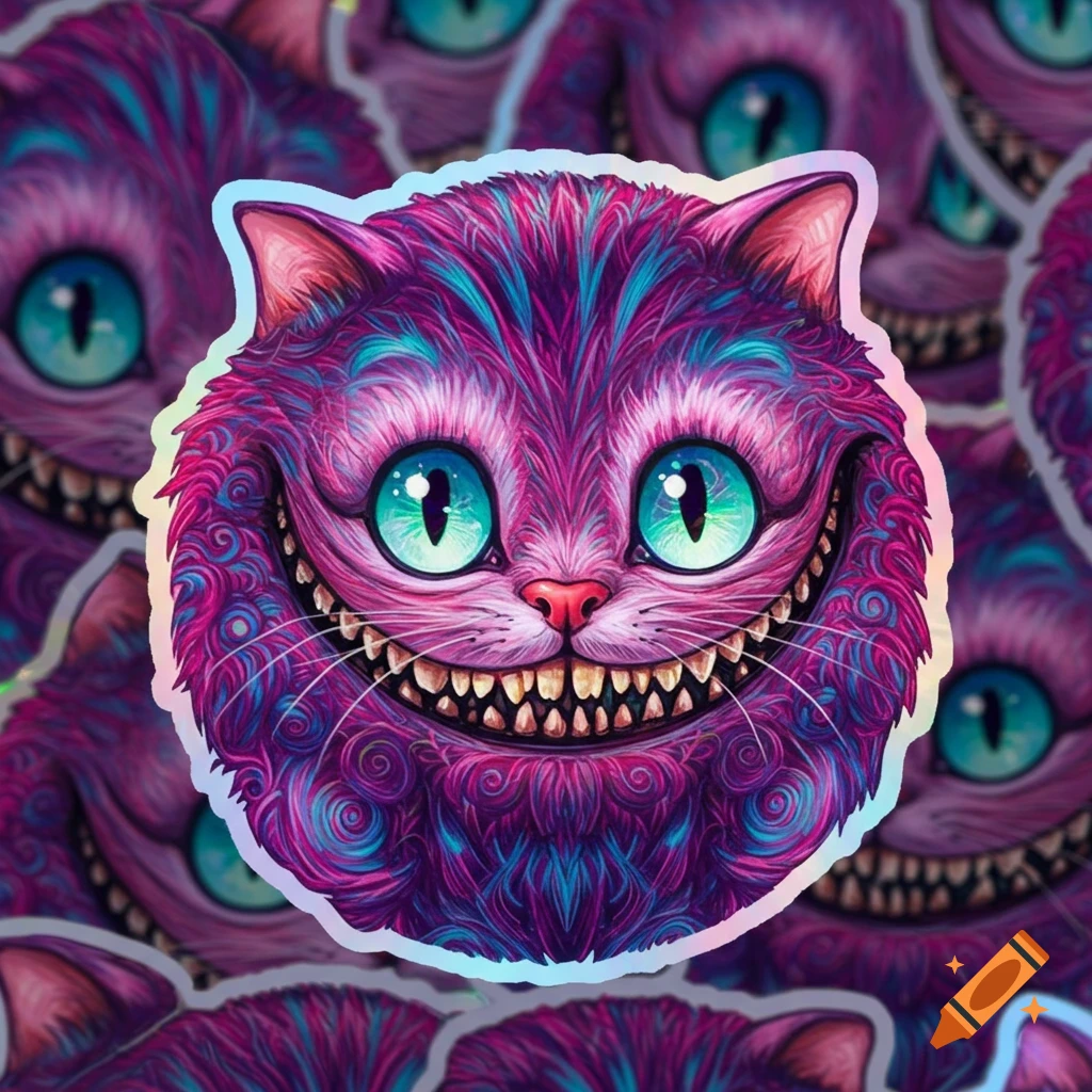 Vibrant psychedelic Cheshire Cat face sticker with purple and blue fur, bright green eyes, and a wide grin.