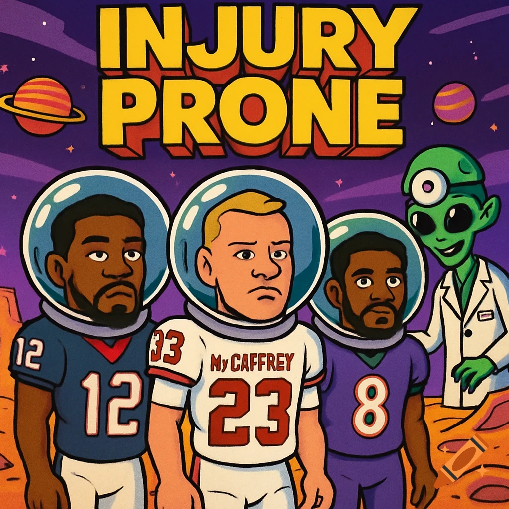 Cartoon of three football players in astronaut helmets with an alien doctor on a purple planet. Text reads 'INJURY PRONE'.