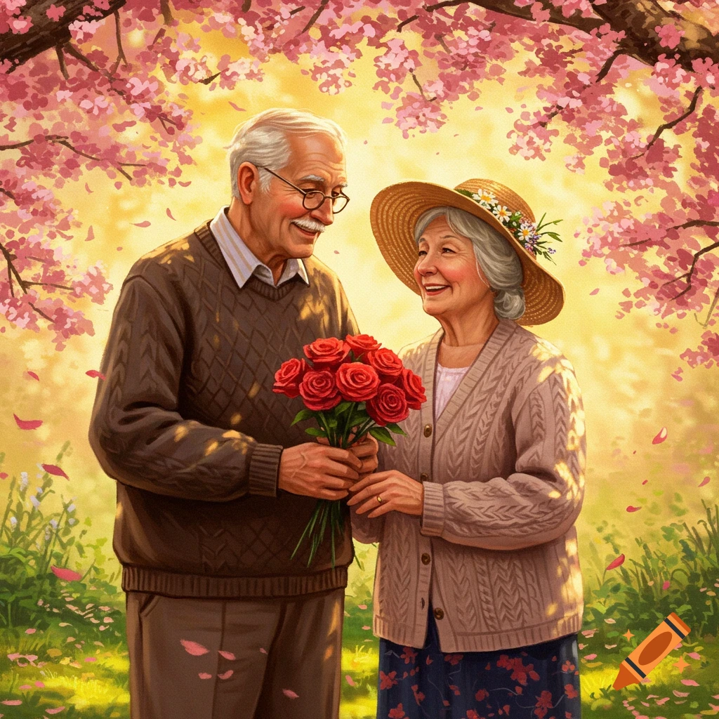 An elderly couple smiles happily as the man gives the woman a bouquet of red roses under pink cherry blossoms in a painterly style.