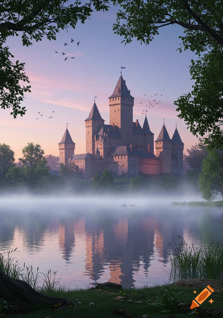 A grand medieval castle at dawn, reflected in a misty lake, framed by dark trees and birds flying in a pink sky.
