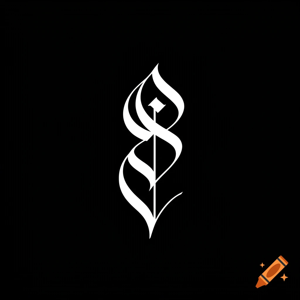 A white, ornate, asymmetrical calligraphic glyph on a solid black background.
