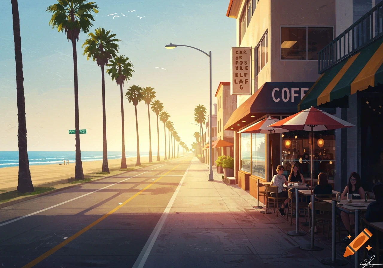Sunny street with palm trees lining a road next to a beach, with a coffee shop and people sitting outside on the right.