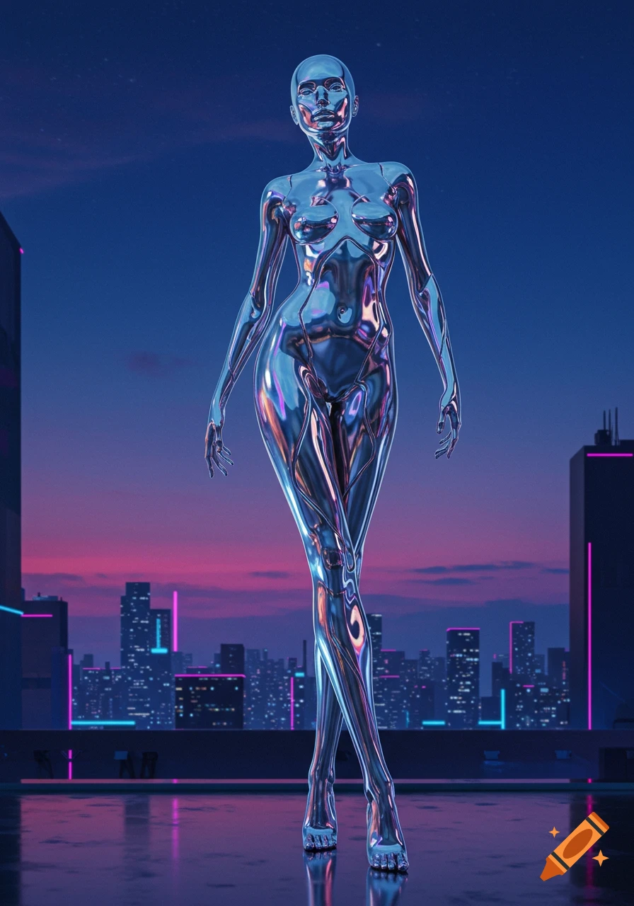 A tall, metallic humanoid figure stands on a rooftop overlooking a futuristic city skyline at dusk.