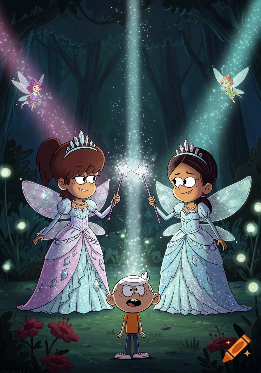 Lynn Loud Jr. and Ronnie Anne, dressed as sparkling fairy princesses, beam light at a surprised Lincoln Loud in a whimsical forest. Cartoon style.