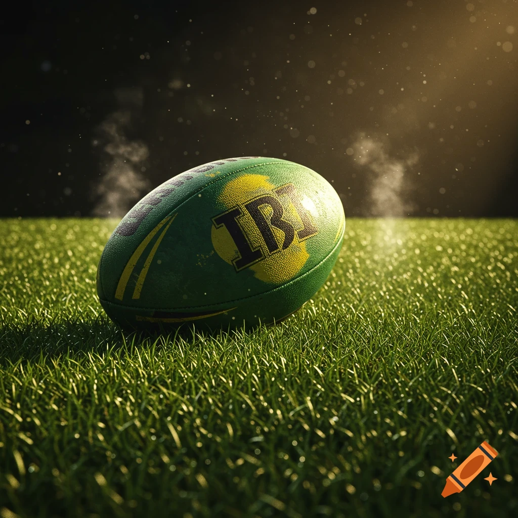 A green and yellow rugby ball with the letters 'IBI' on it, resting on a grassy field under dramatic lighting.