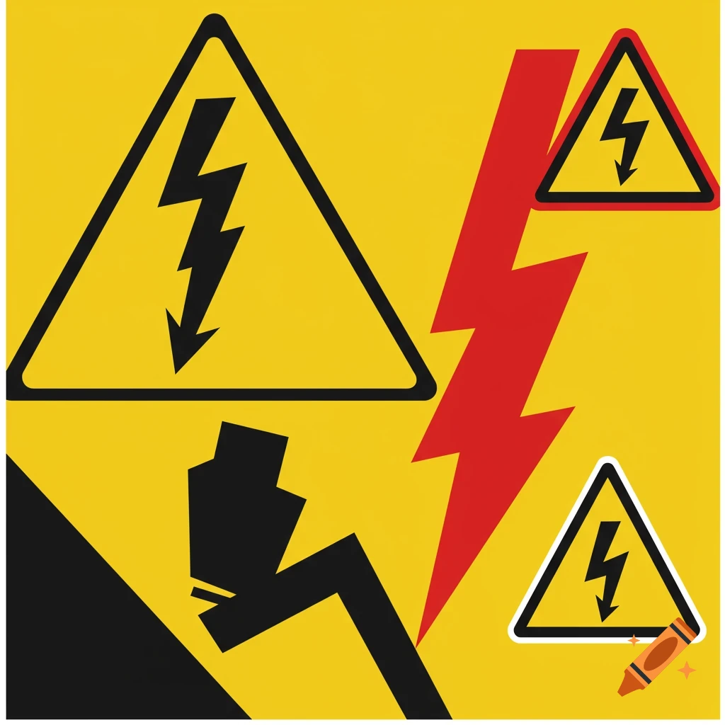 A graphic illustration on a yellow background featuring multiple black and red electrical hazard lightning bolt symbols and abstract black shapes.