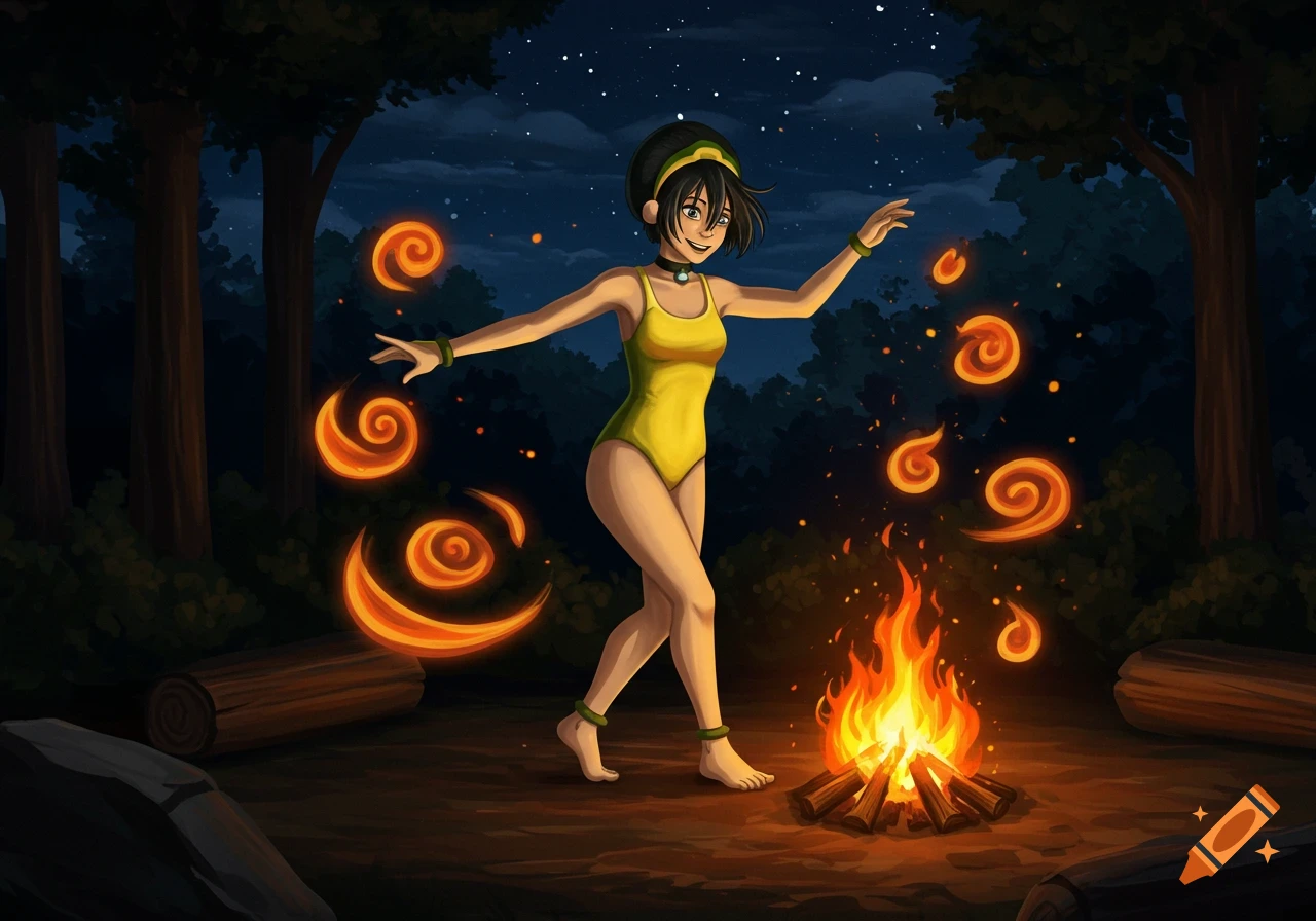 Anime character Toph Beifong dancing around a bonfire at night in a forest with glowing orange energy swirls.