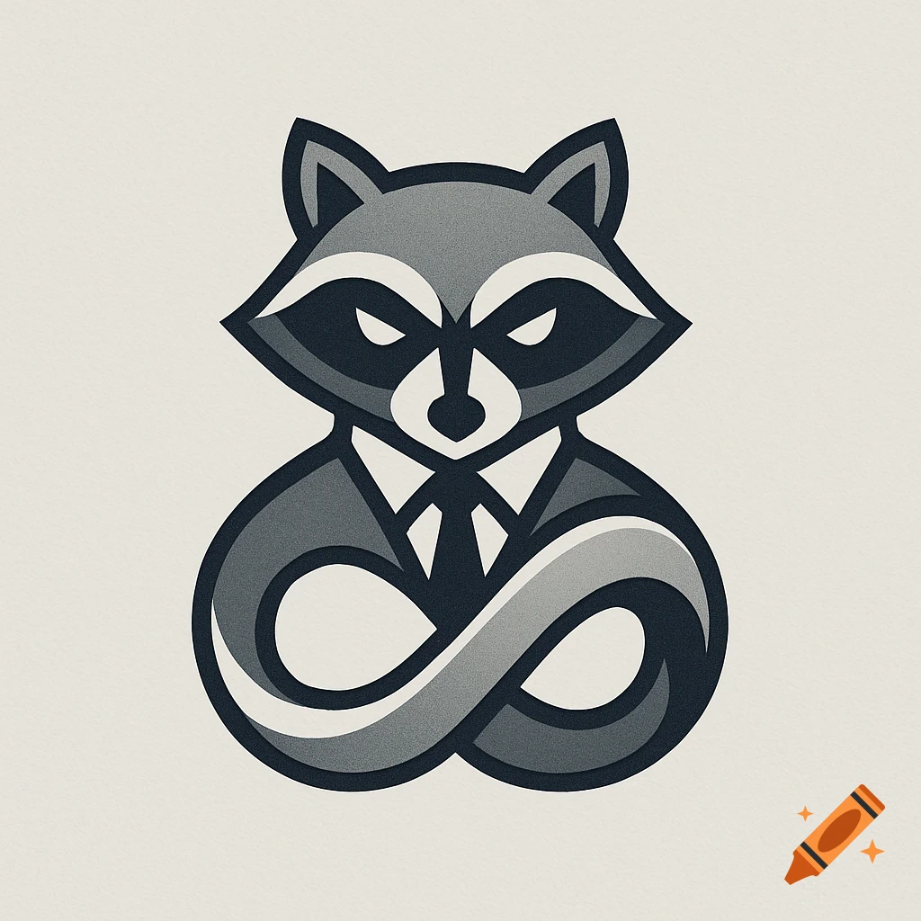 A graphic logo of a stylized raccoon wearing a tie with its arms crossed, forming an infinity symbol.