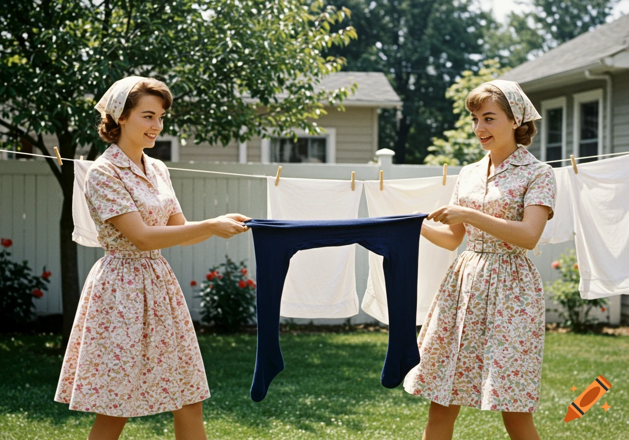 Two 1960s women in floral dresses tug on navy tights hanging on a backyard clothesline.