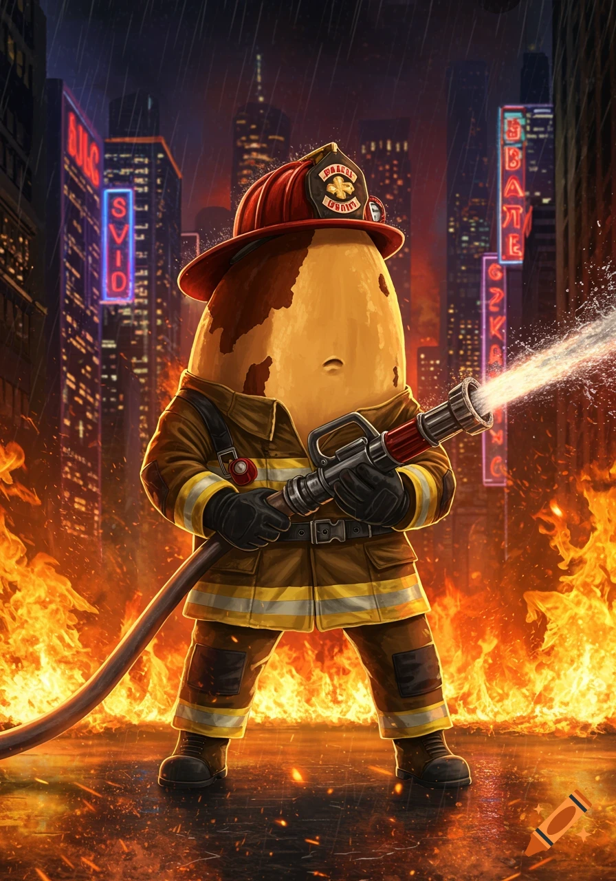 A cartoon Brazil nut character dressed as a firefighter, holding a hose and spraying water, stands amidst roaring flames in a burning city at night.