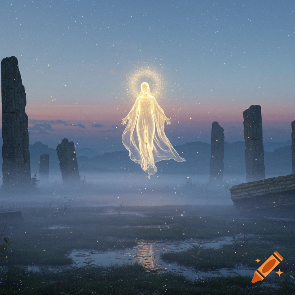 A glowing ethereal figure floats above a misty landscape with ancient stone monoliths under a starry dusk sky.