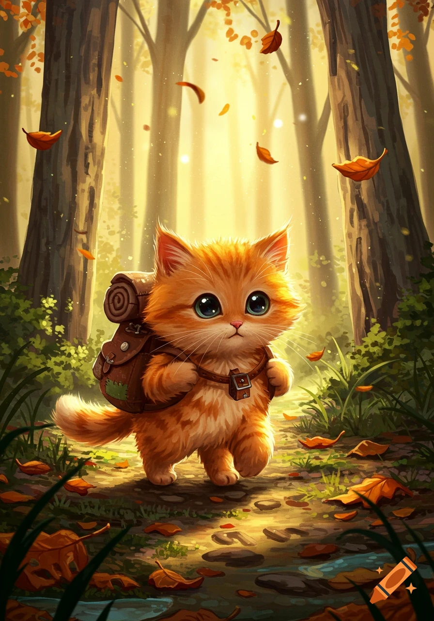 A cute orange kitten with big eyes wearing a knapsack walks through a sunlit autumn forest with falling leaves.