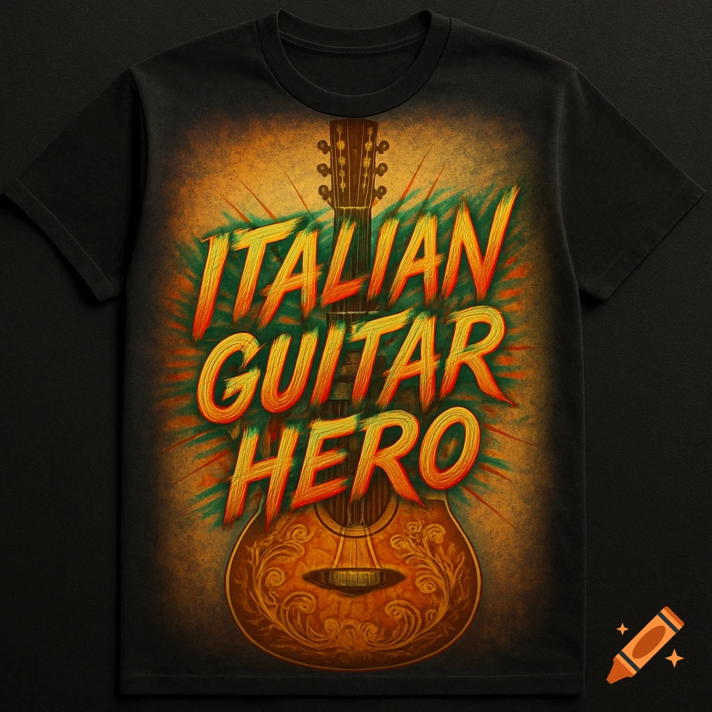 A black T-shirt features a vintage-style design with an acoustic guitar and the words 'ITALIAN GUITAR HERO'.