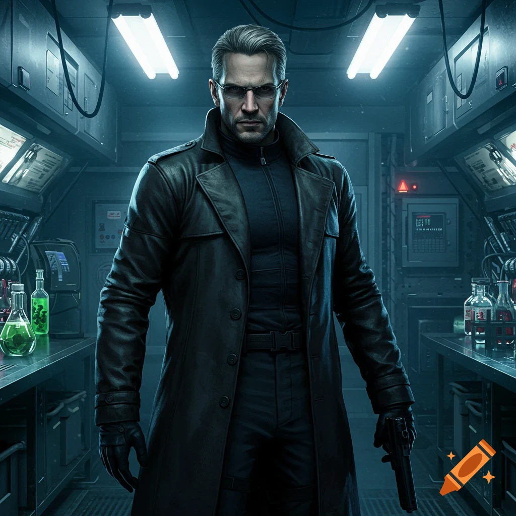 A stern man in a black trench coat, glasses, and gloves holds a pistol in a dimly lit, high-tech laboratory.