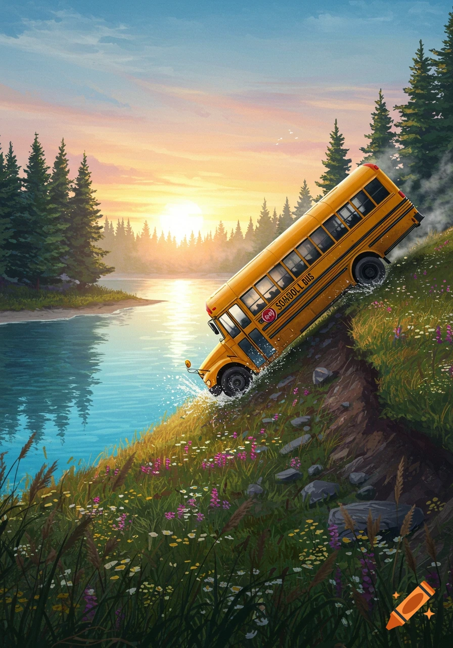 A yellow school bus slides down a grassy hill towards a lake at sunset, surrounded by pine trees.