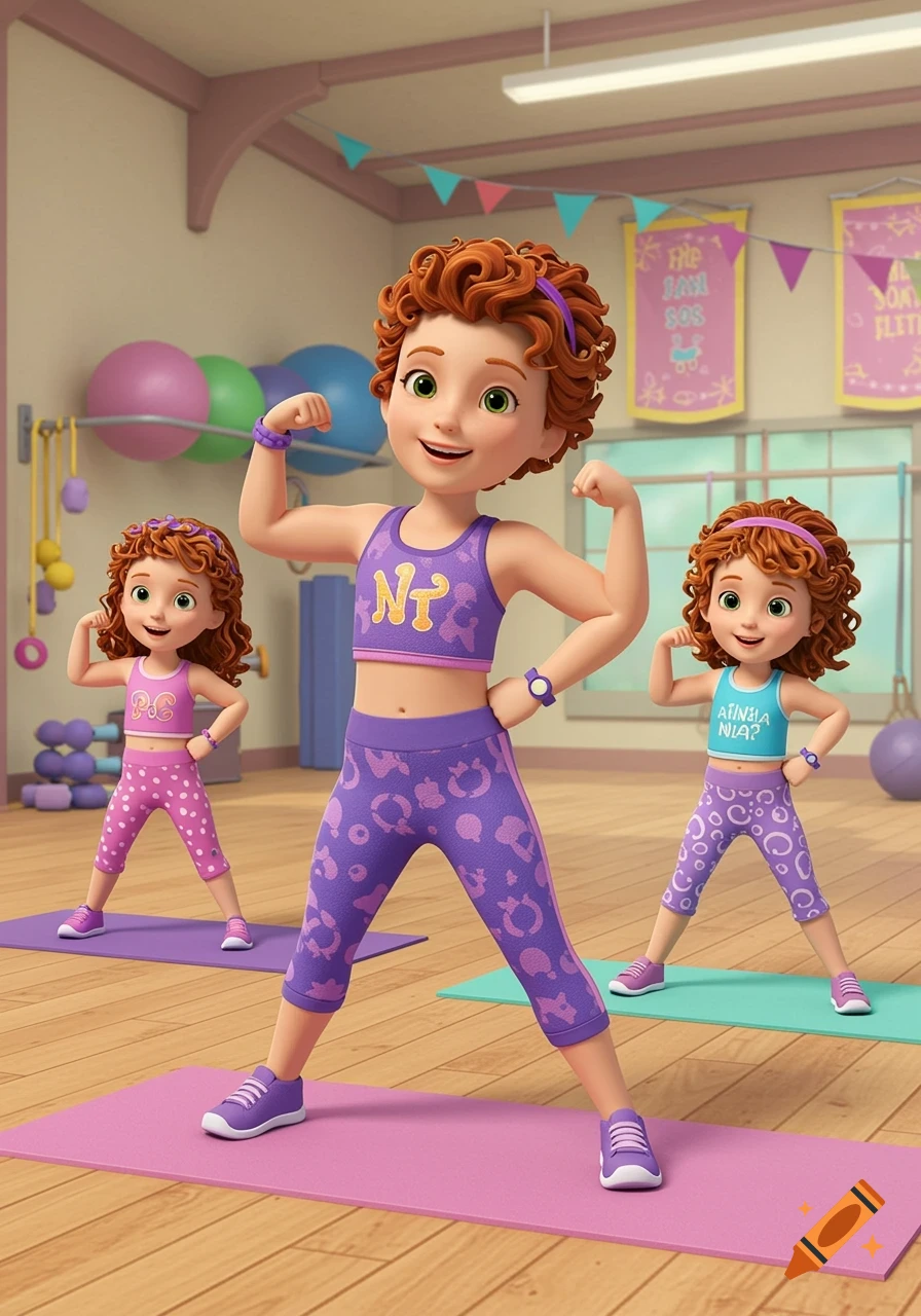 Cartoon of Nancy's mom and her two daughters flexing muscles in a gym.