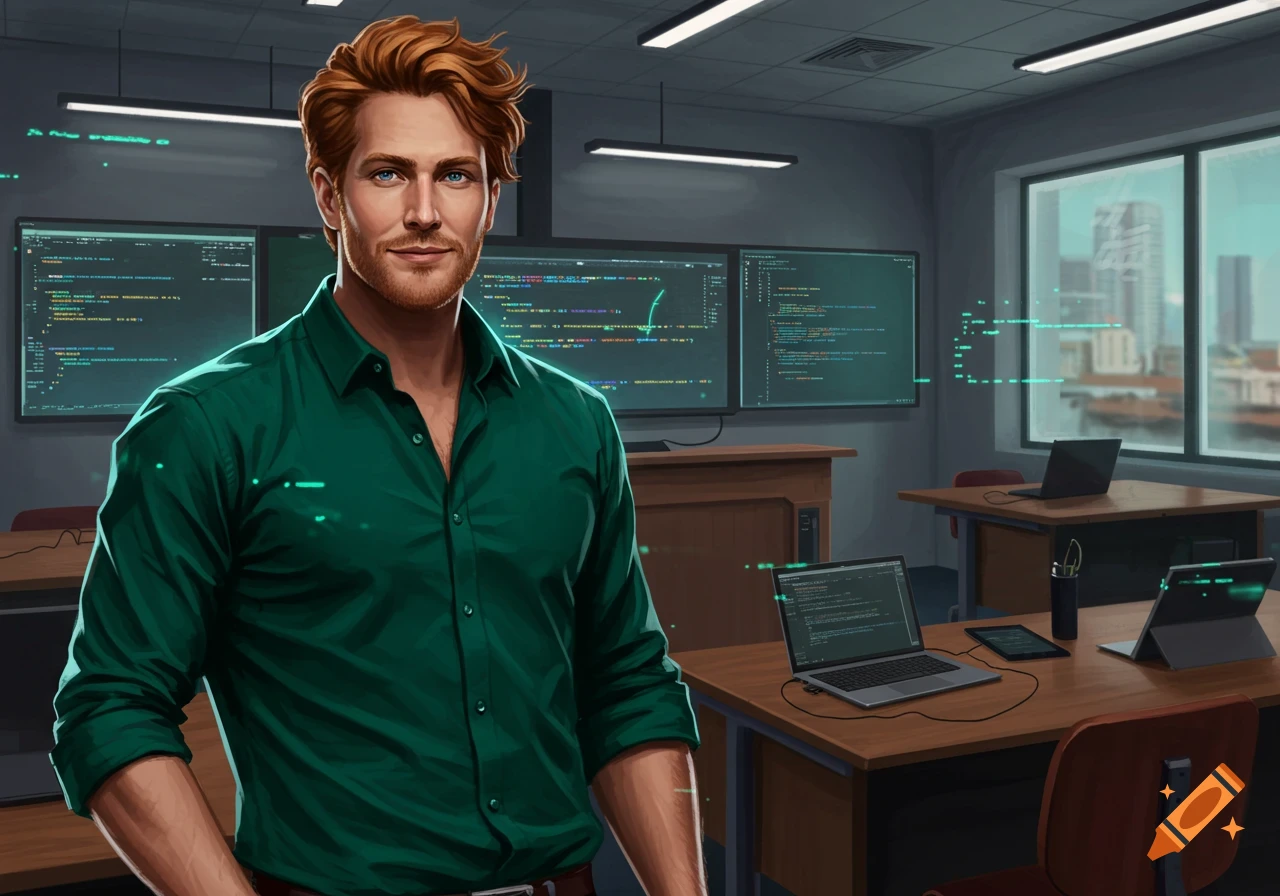 Handsome man with red hair and green shirt smiles in a modern office with computer screens displaying code.