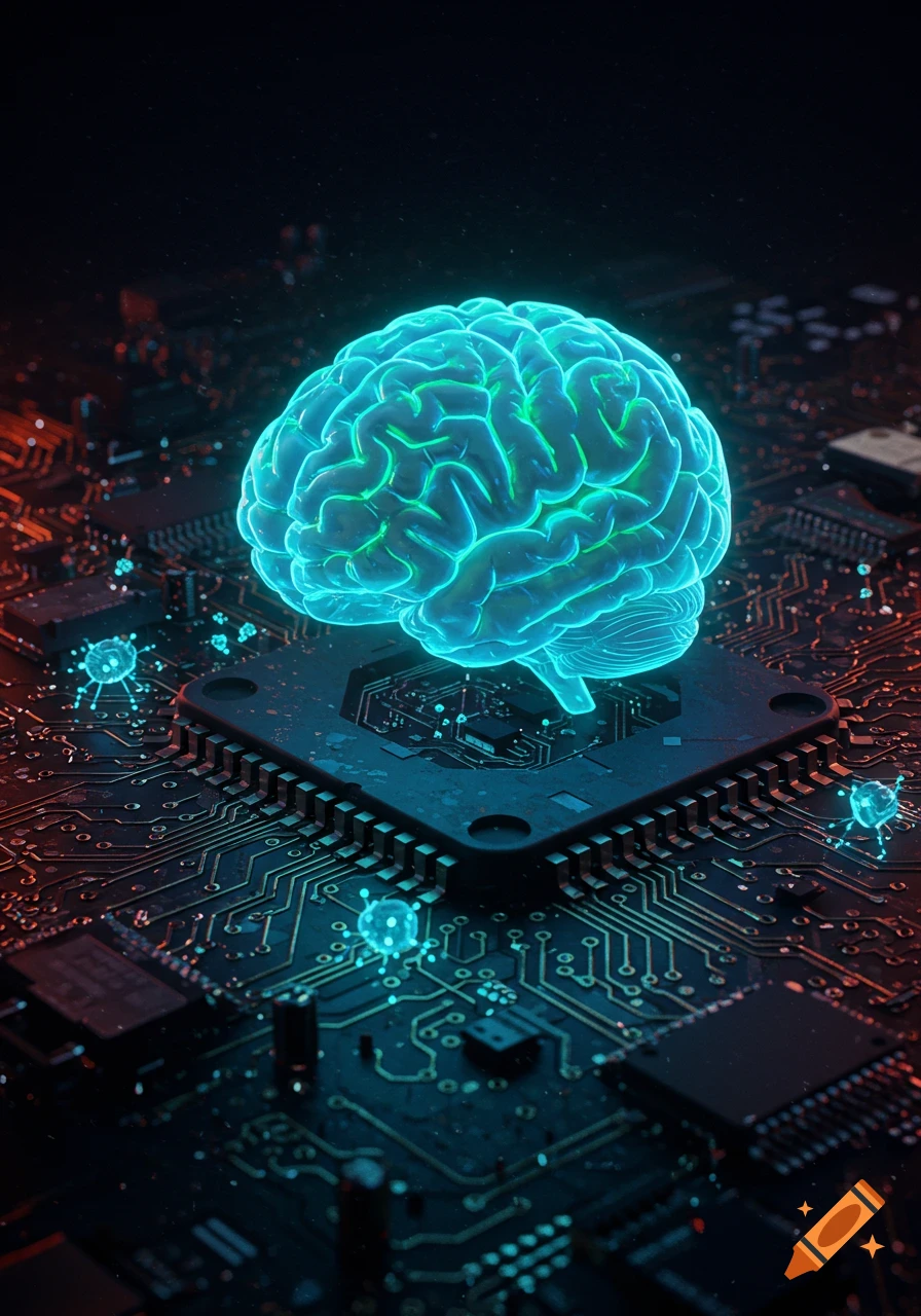 A glowing blue brain sits on a dark computer motherboard with intricate circuitry, representing artificial intelligence.