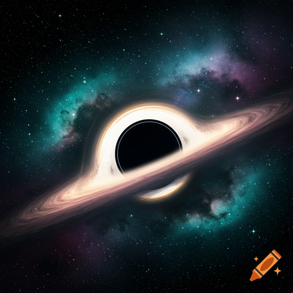 A black hole with a bright accretion disk in the center of a swirling galaxy, surrounded by colorful nebulae and stars.