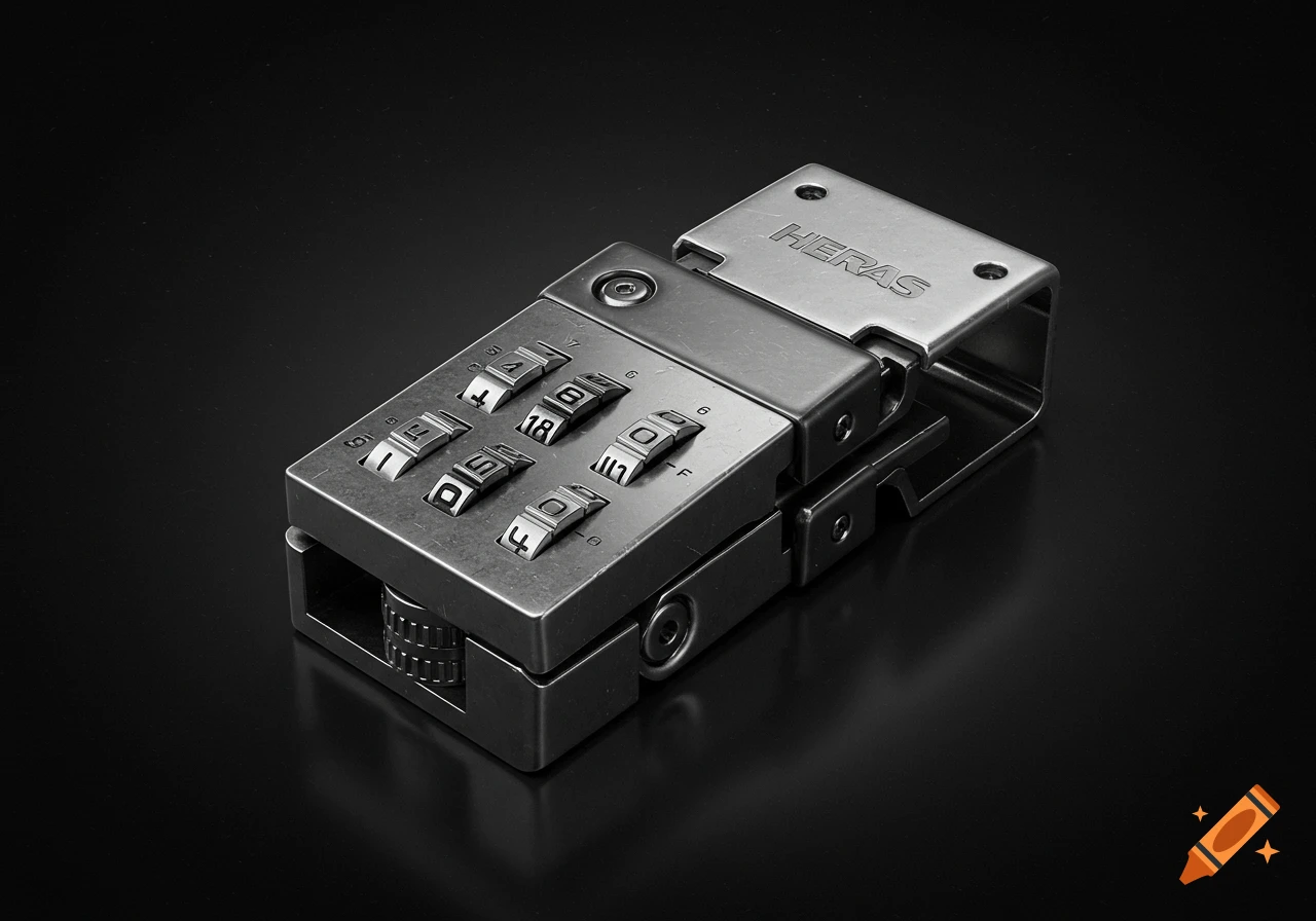 A close-up, photorealistic studio shot of a stainless steel HERAS fence clip with an integrated combination lock tumbler, on a dark background.