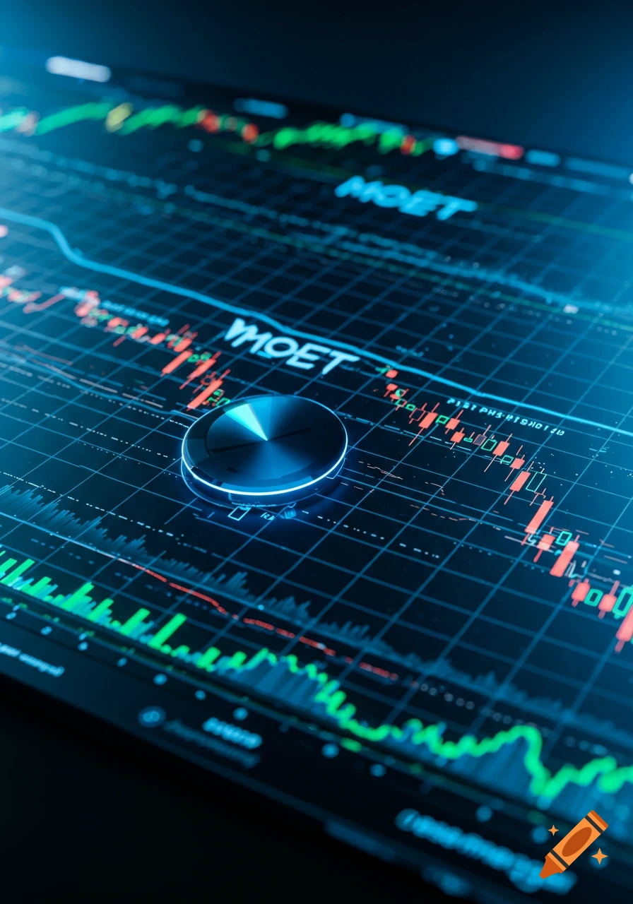 Close-up of a digital screen displaying stock market graphs with green and red lines, a grid, and a glowing blue metallic dial in the center. The word 'MOET' is visible on the screen.