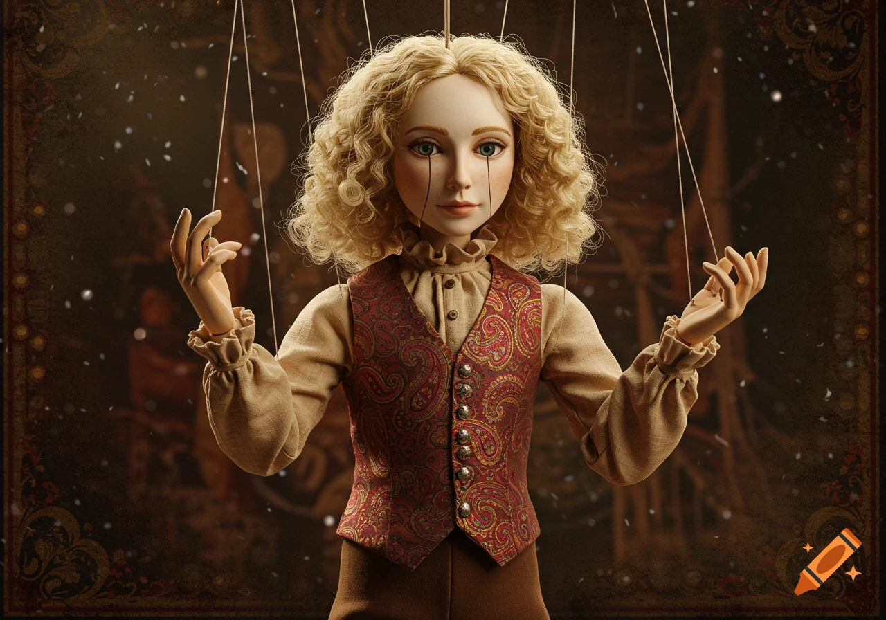 A blonde-haired marionette doll with blue eyes and tear-like lines wears a red paisley waistcoat, suspended by strings against a dark, ornate background.