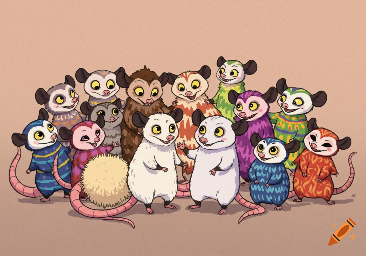 A group of smiling cartoon possum-like creatures, two white and many colorful, one with a fluffy tail, in an illustration style.