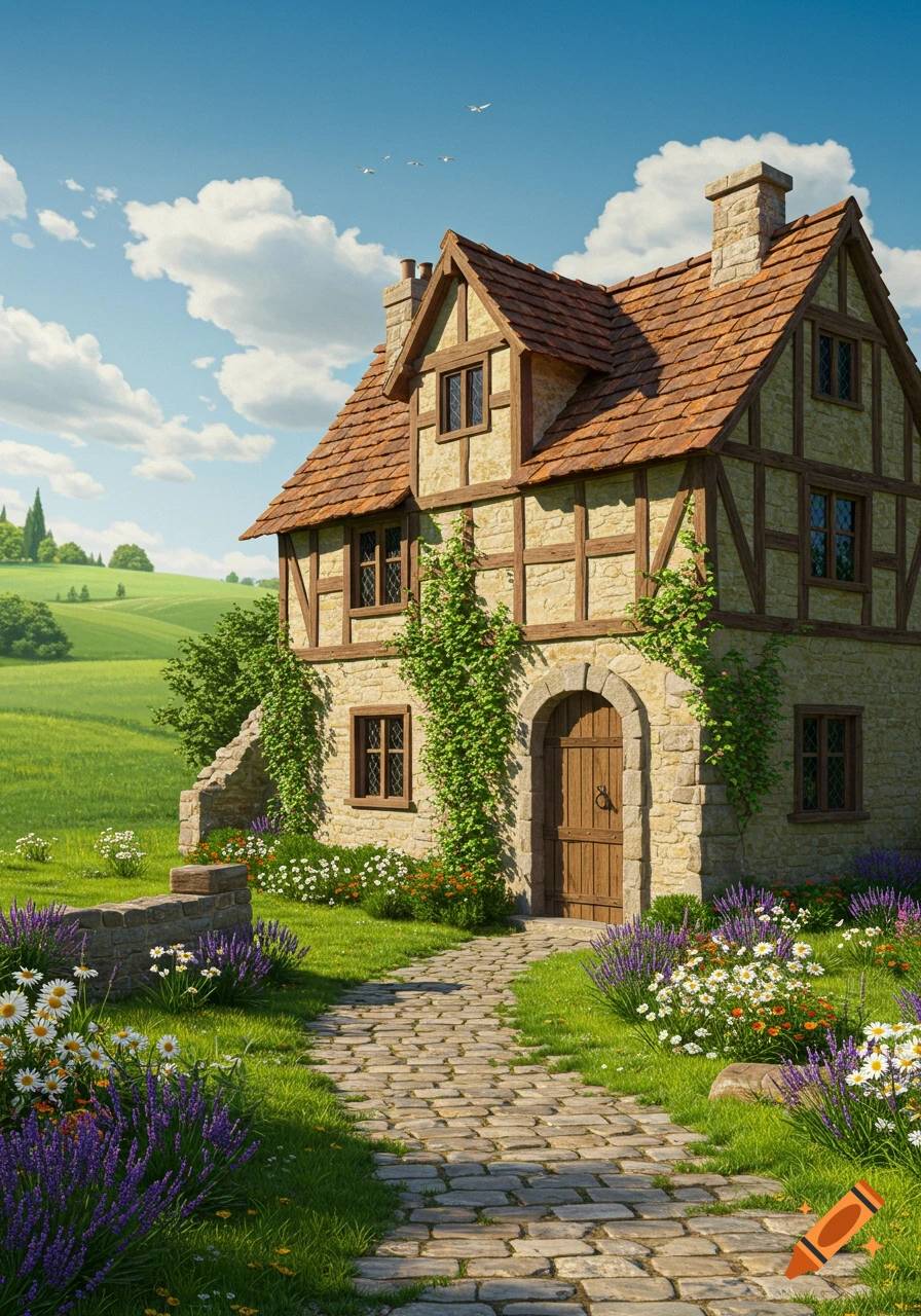 A charming stone and timber house with a red roof, surrounded by green fields, colorful flowers, and a stone path under a blue sky.