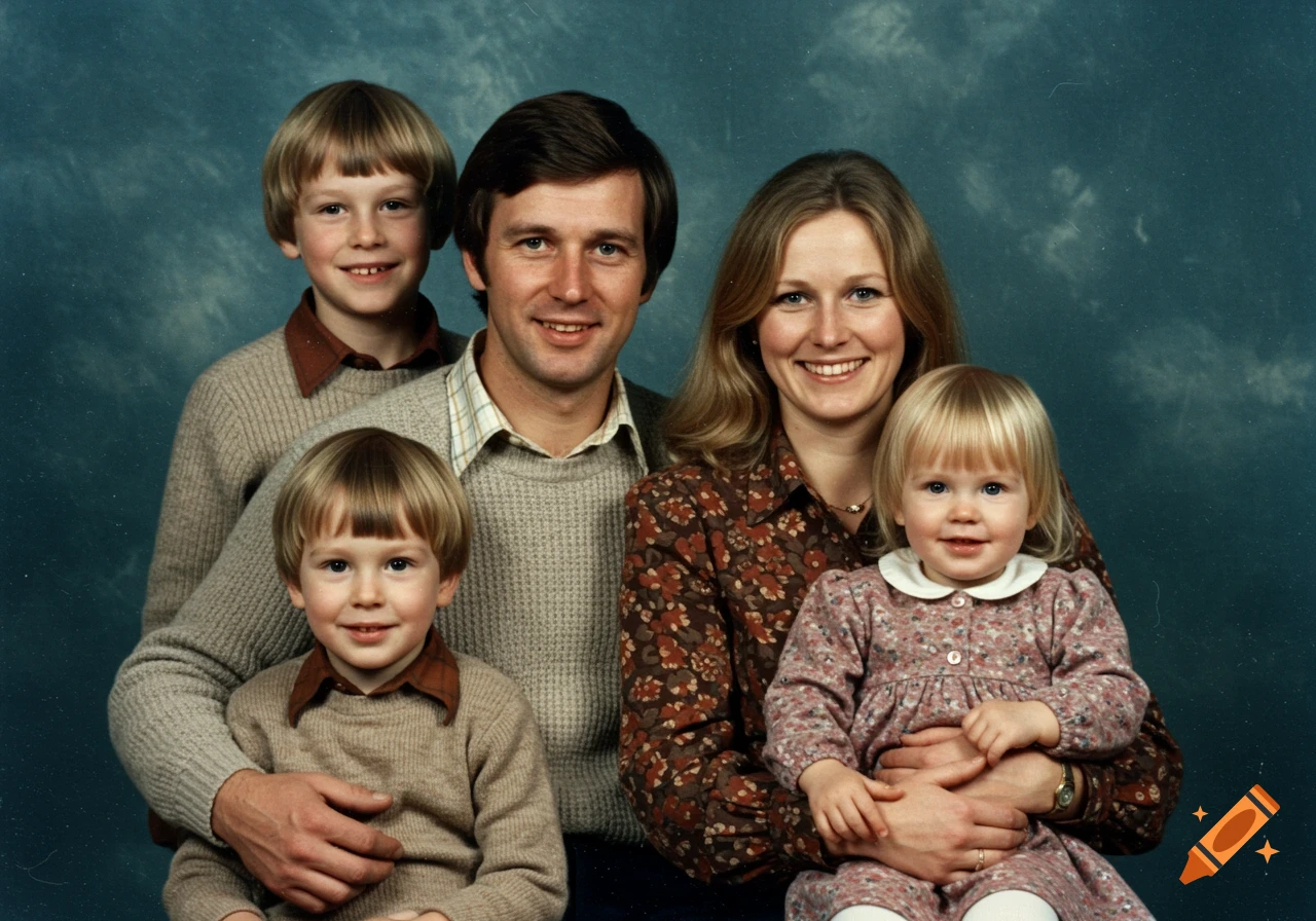 A smiling family of five, including a father, mother, two sons, and a daughter, pose for a portrait against a blue background. The father holds one son on his lap while the mother holds their daughter.