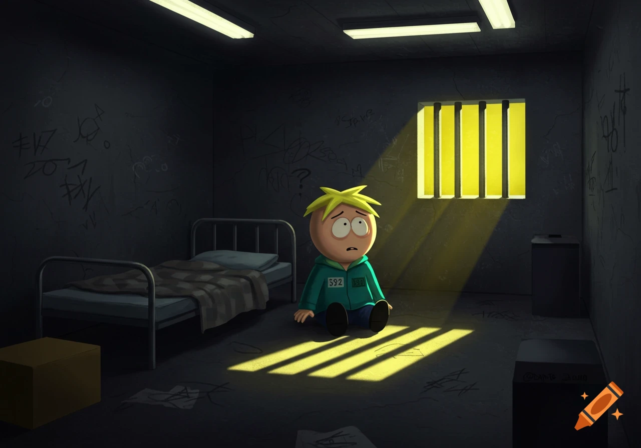 Butters from South Park sits on the floor of a dimly lit jail cell, looking upset as sunlight streams through a barred window.