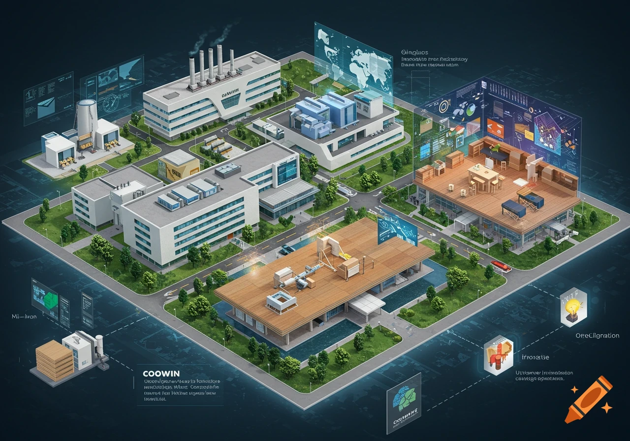Isometric view of a modern industrial complex with multiple buildings, green spaces, and transparent holographic displays showing data and diagrams.