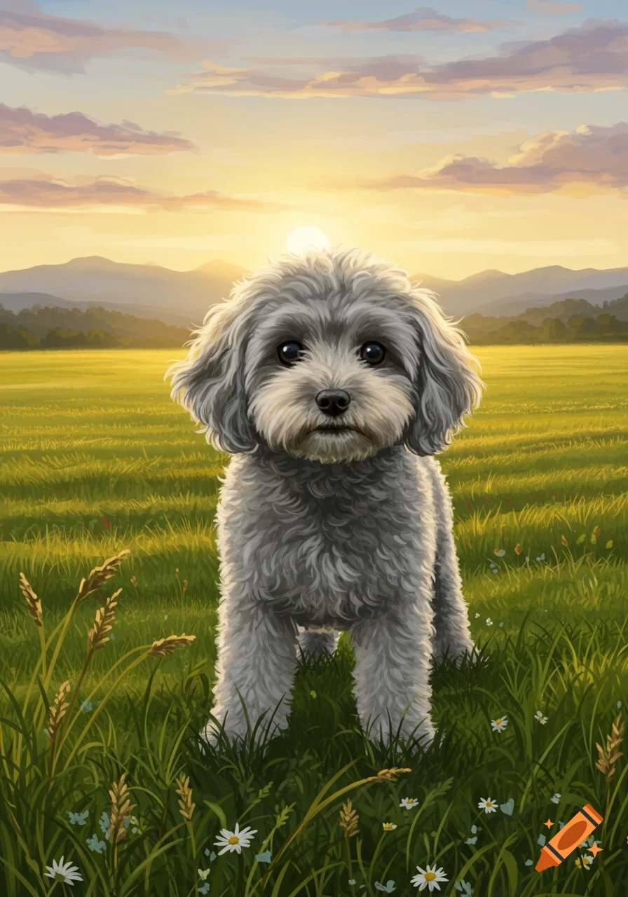 A fluffy grey dog stands in a lush green field at sunset with mountains in the background.