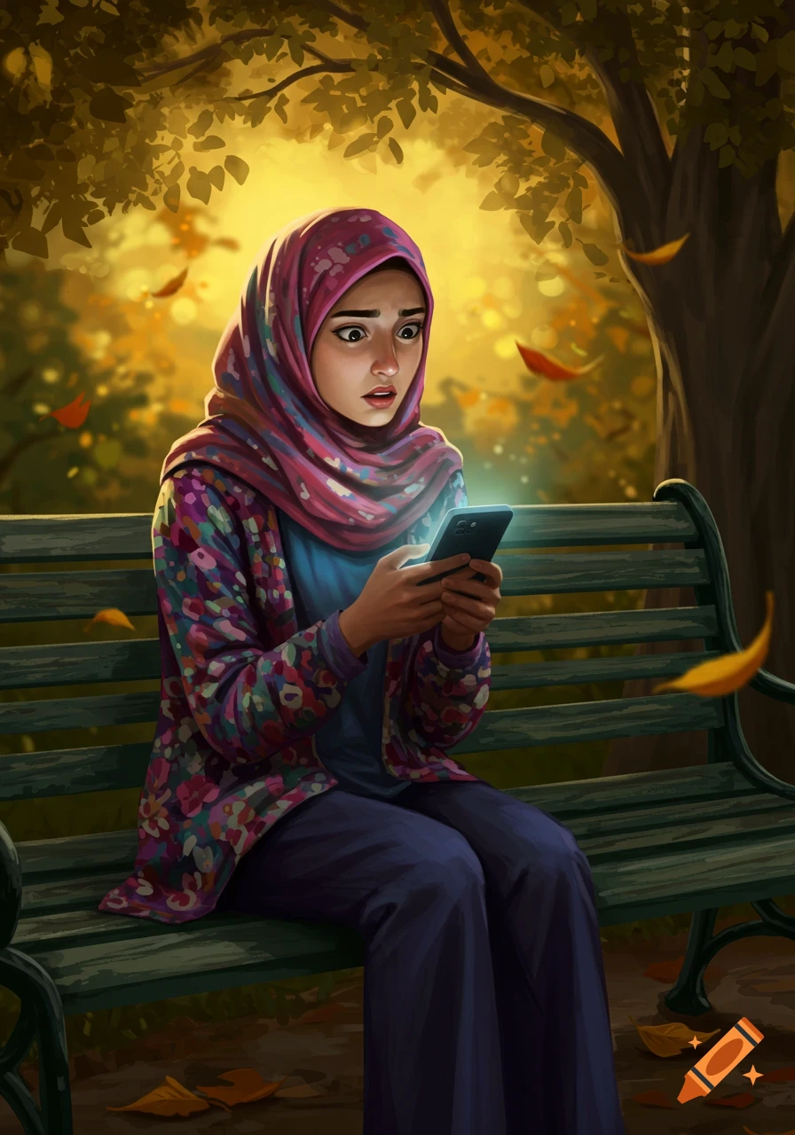 A girl in a hijab with a shocked expression looks at her glowing phone while sitting on a park bench surrounded by autumn leaves.