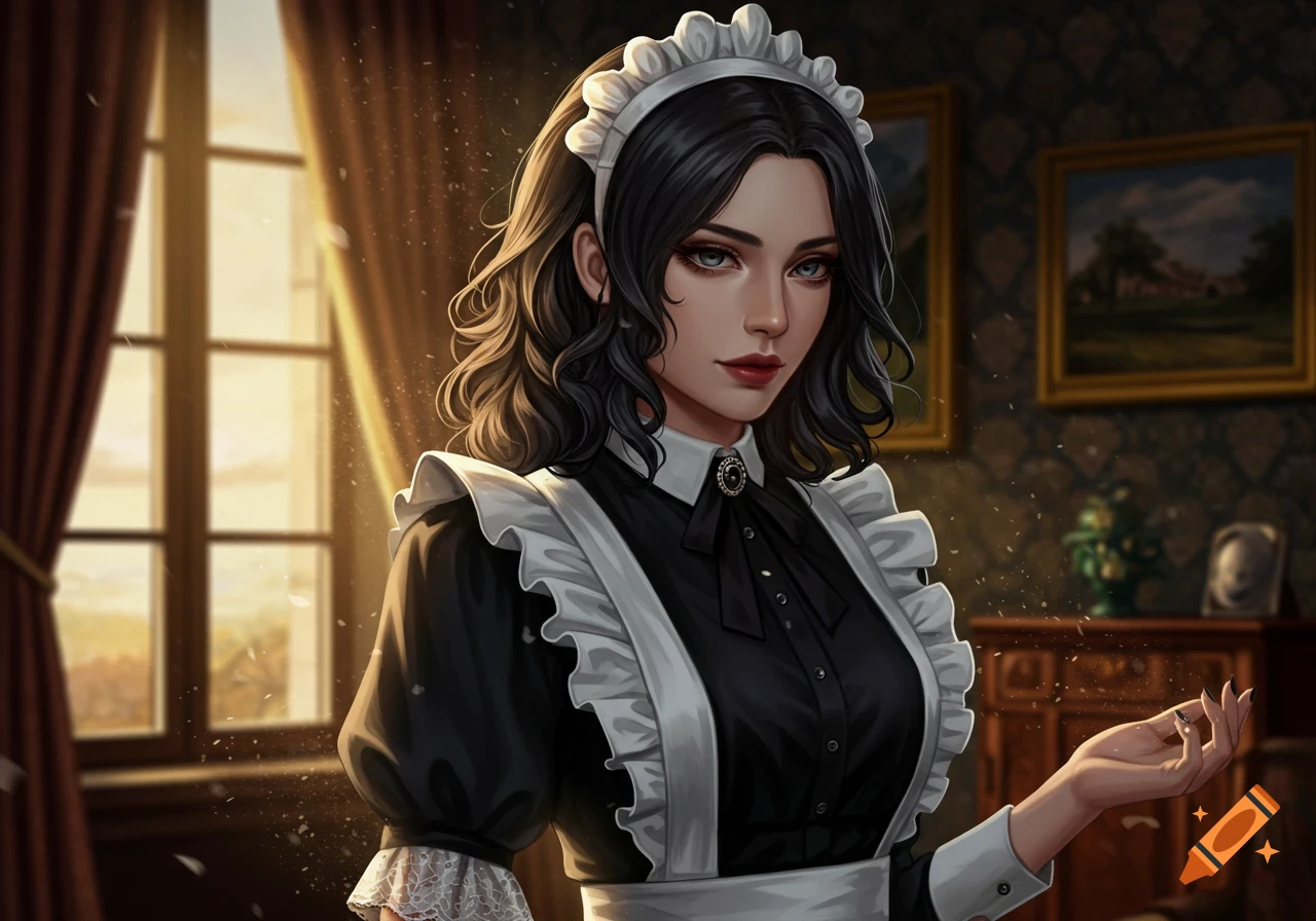 A beautiful woman with dark hair and grey eyes, dressed as a Victorian maid, stands in a warmly lit room with a large window.
