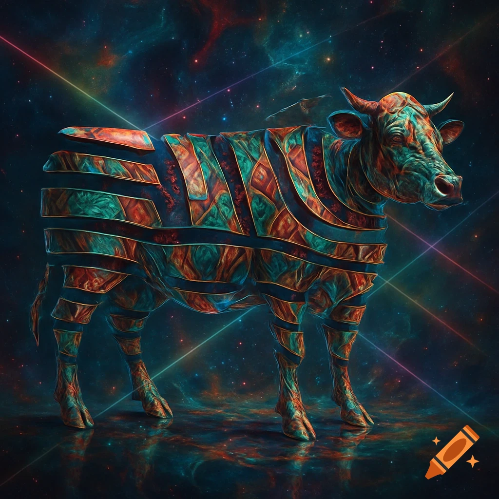 A segmented, colorful cow with a mosaic-like pattern stands in a cosmic, starry background with light beams.